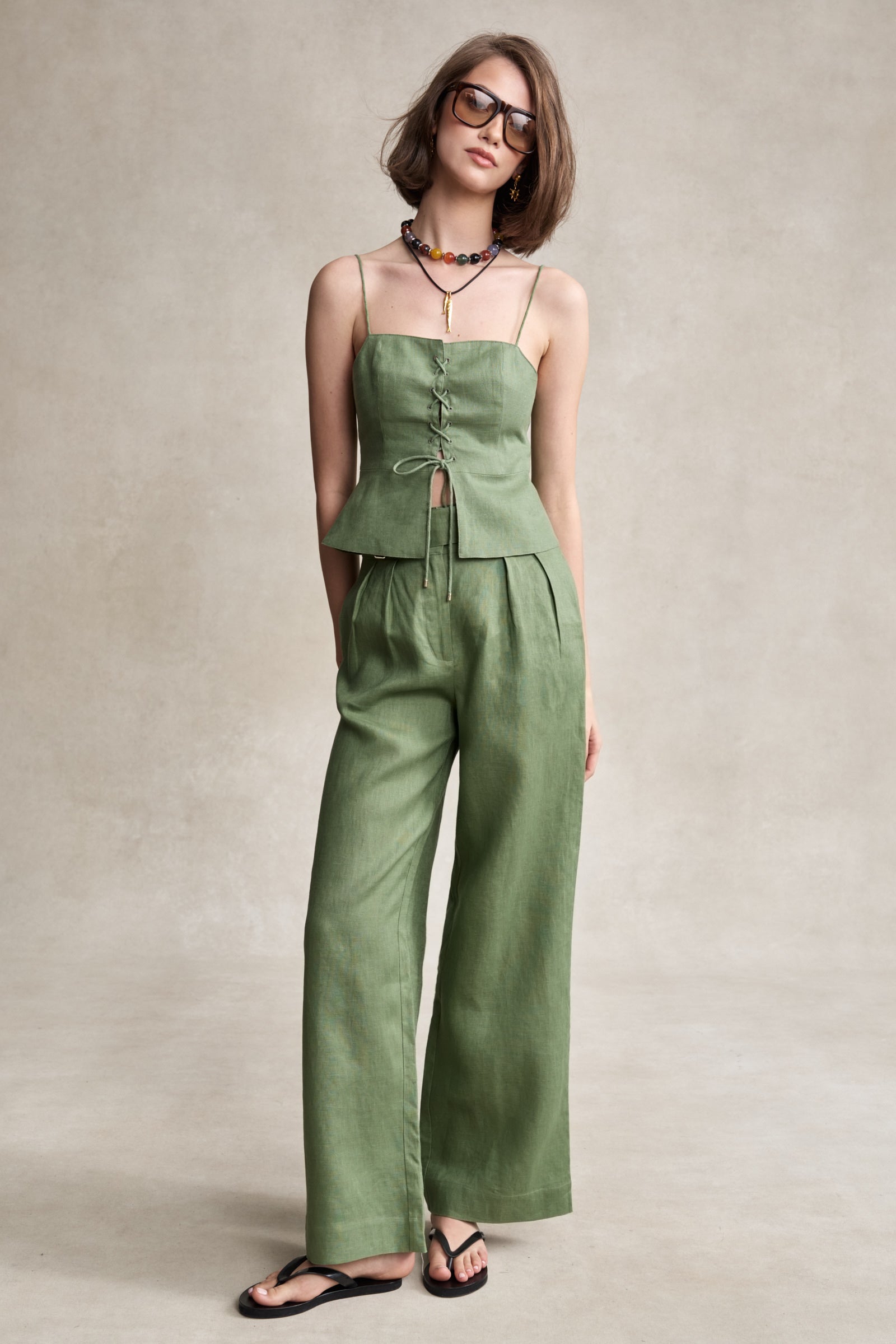 HEVRON Alina Pant Sage Wide-Leg Linen Pants, studio shot