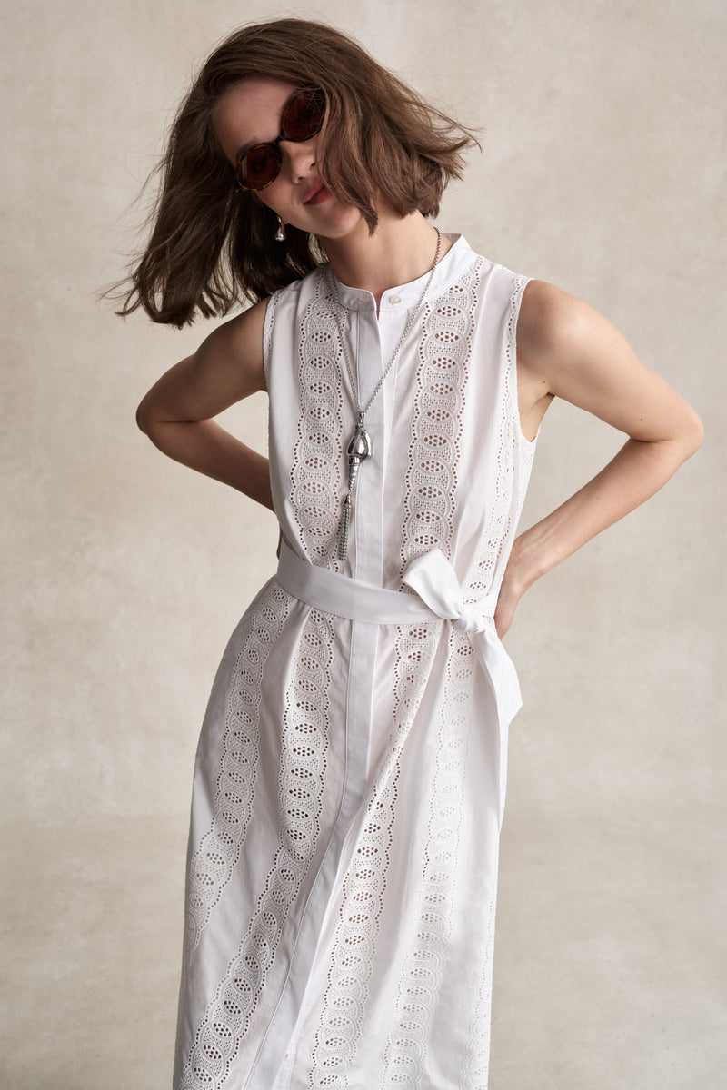 HEVRON Sia Dress White Eyelet Midi Dress, studio shot