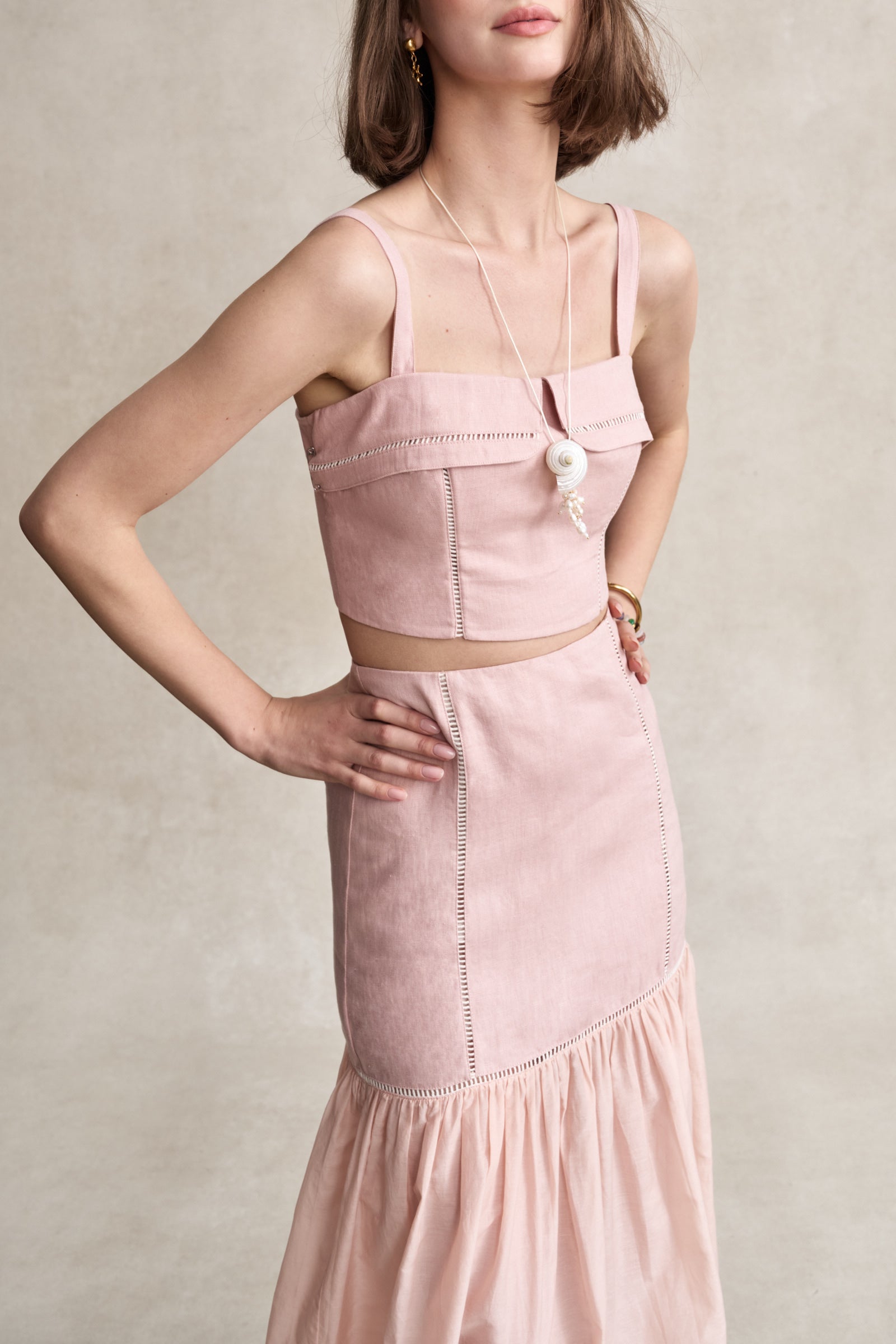 HEVRON Alba Top Dusty Pink Linen Bustier Top, studio shot