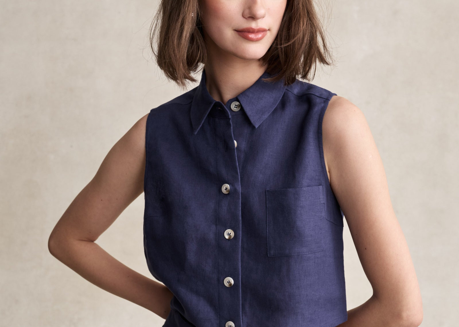 HEVRON Zinna Short Dark Indigo Linen Shorts for Women, studio shot