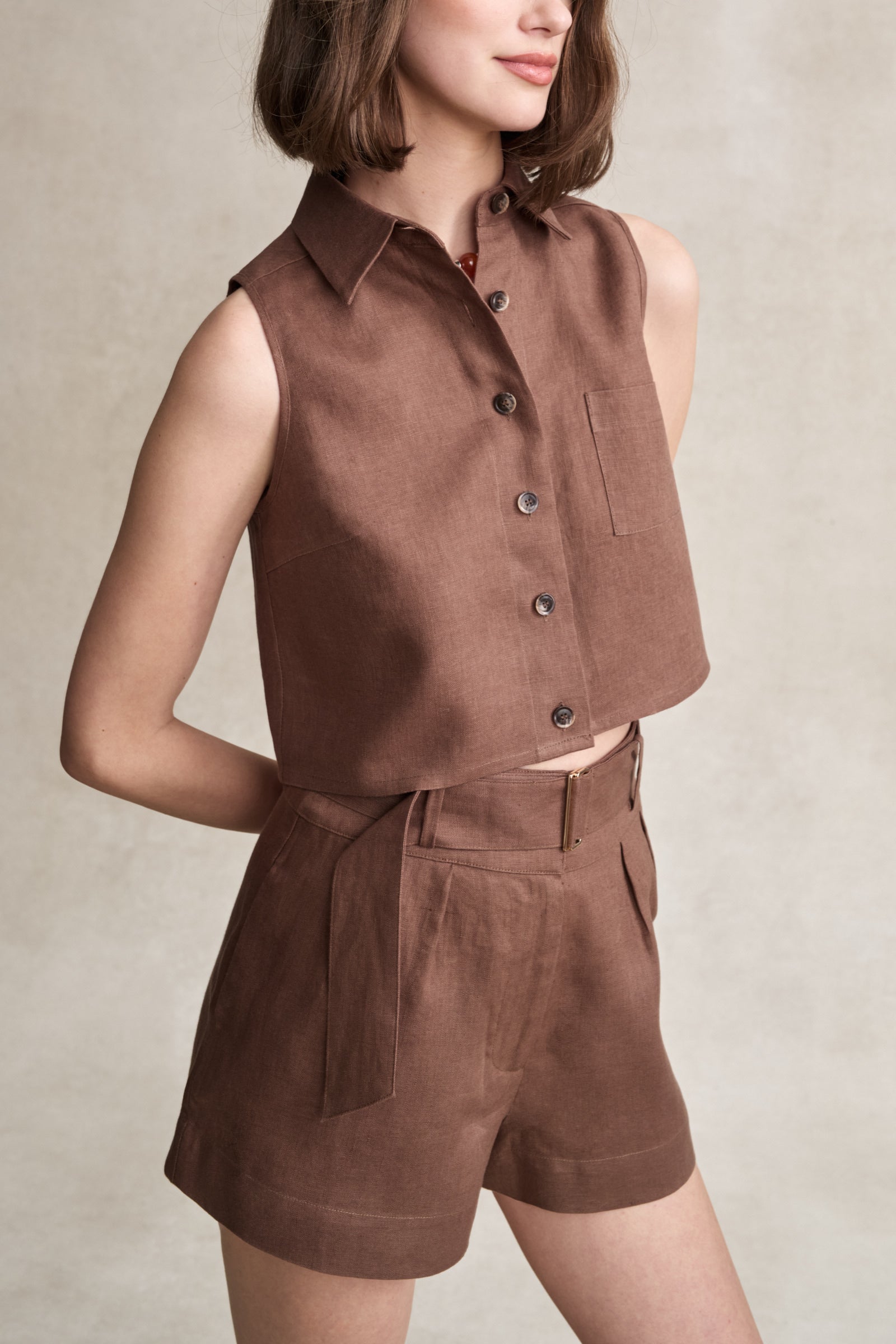 HEVRON Zinna Short Chocolate Linen Shorts for Women, studio shot