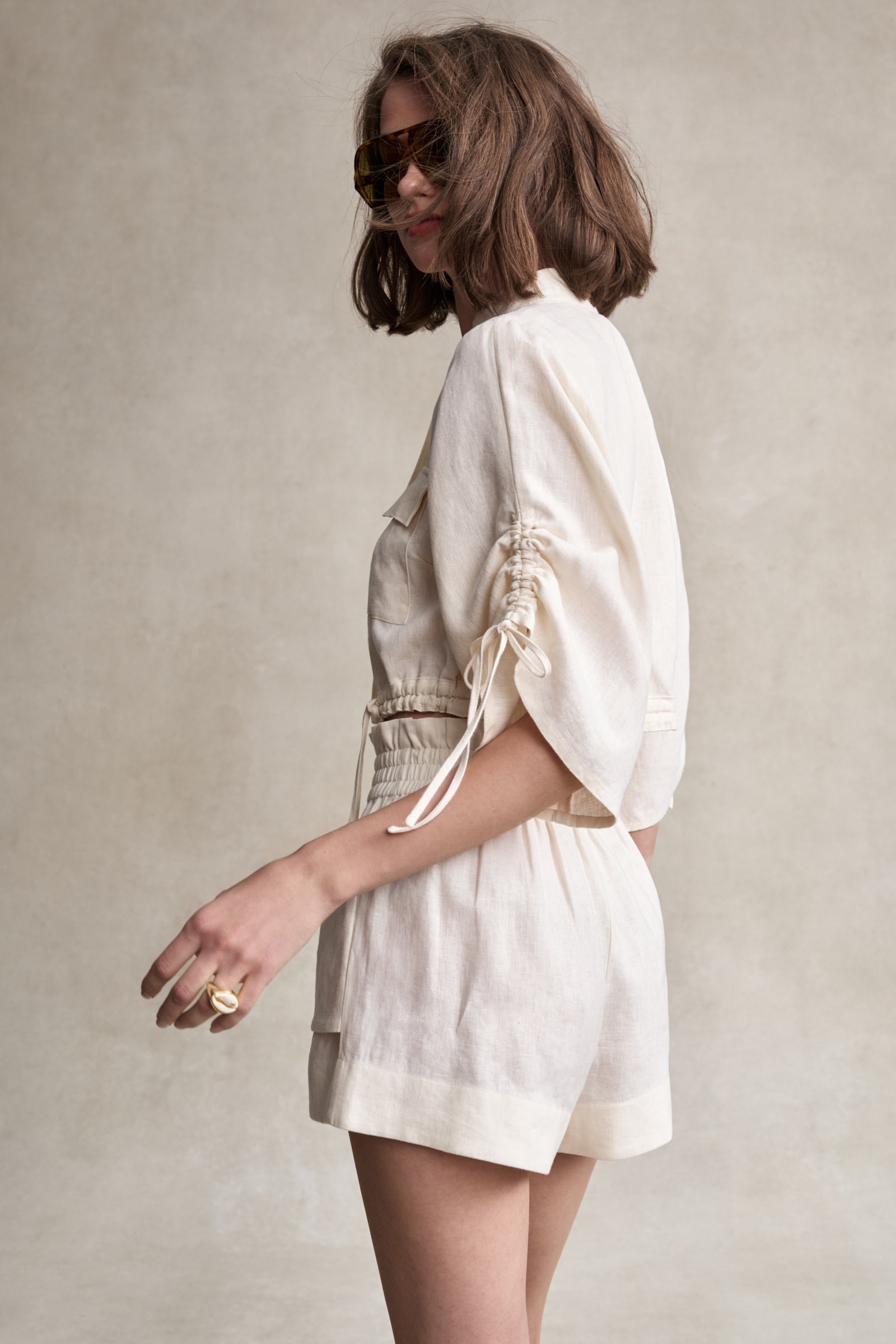 Ivory Linen Crop Shirt | HEVRON Eva Top