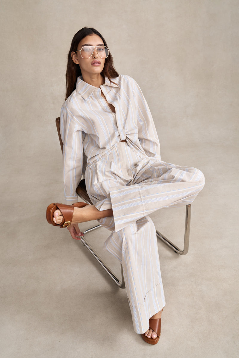 HEVRON Rory Cotton Poplin Wide-Leg Pant in Beige Stripe, editorial lookbook image
