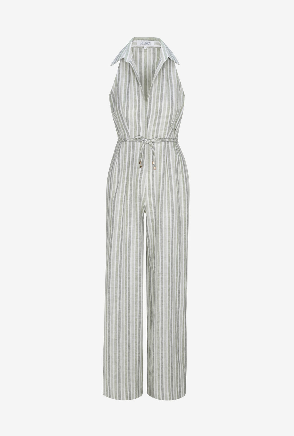 HEVRON Vivi Jumpsuit Sage Stripe Linen Jumpsuit, front view