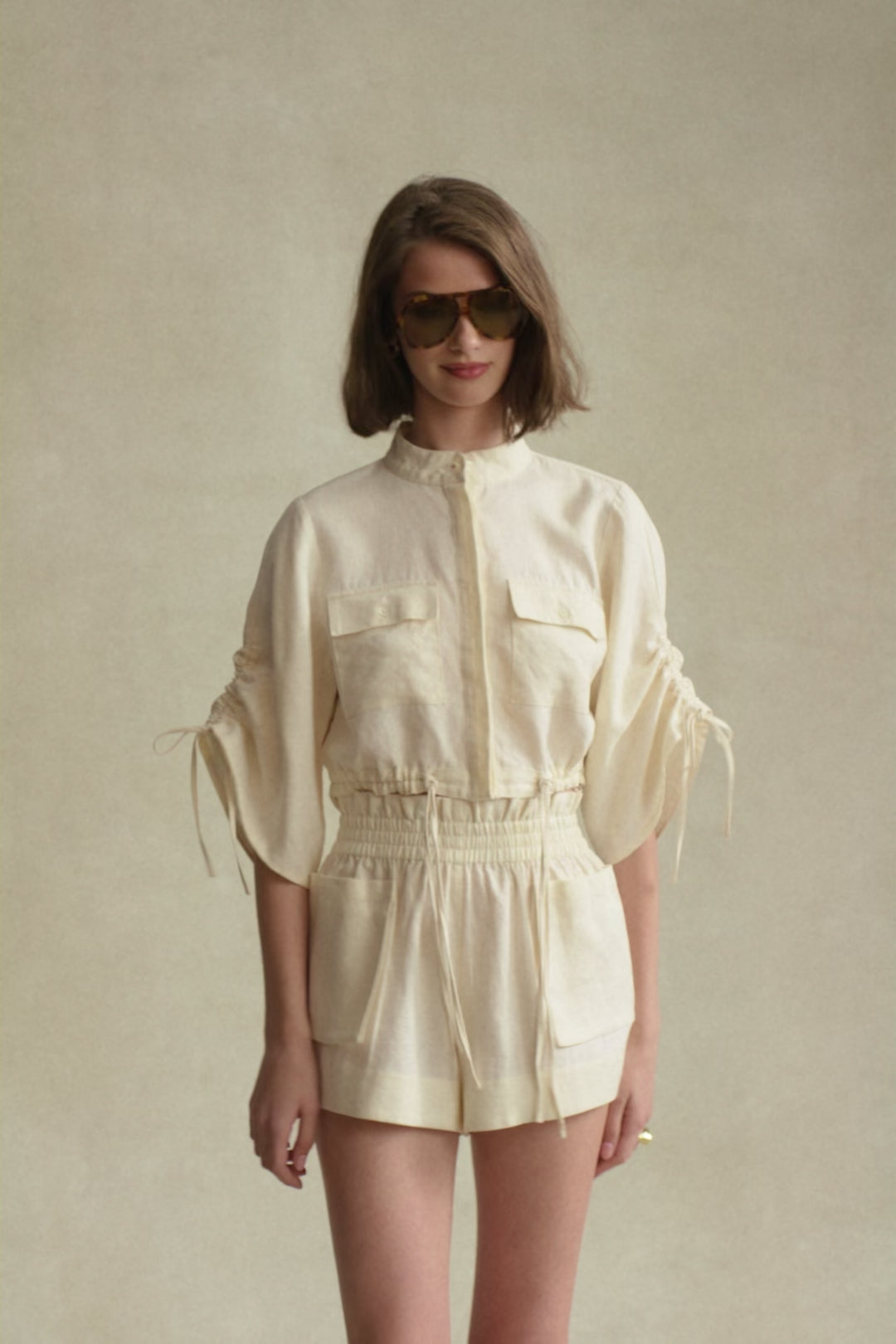 Ivory Linen Crop Shirt | HEVRON Eva Top